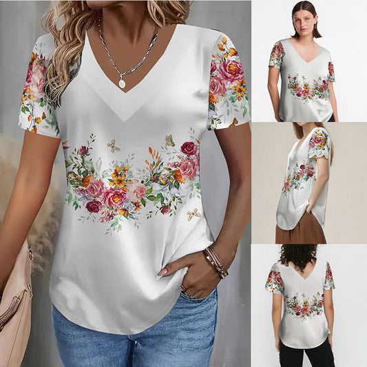 Damska bluzka z krótkim rękawem V-neck z kwiatowym nadrukiem