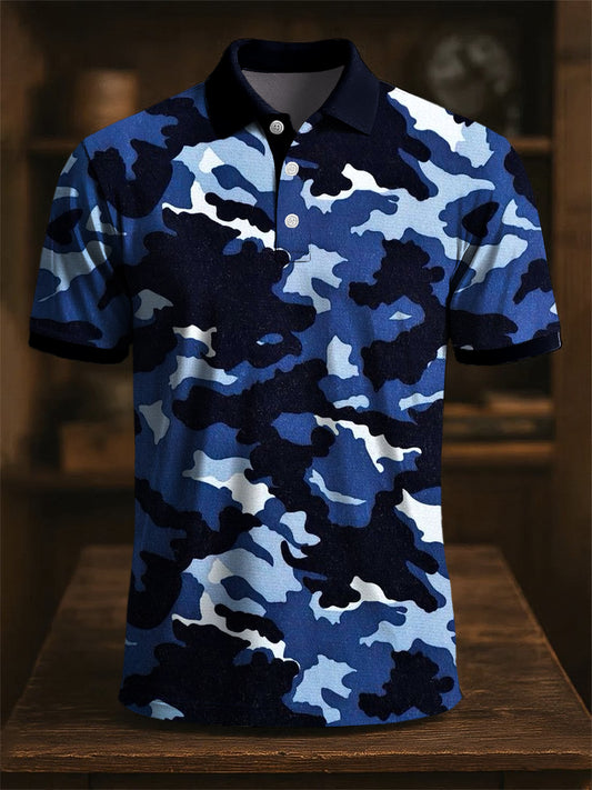 Męska koszulka polo z nadrukiem abstrakcyjnego kamuflażu w stylu vintage
