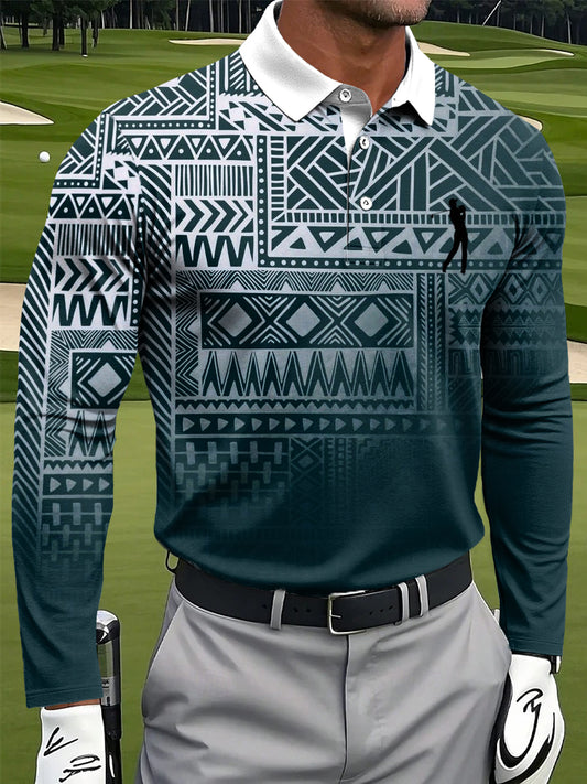 Męska Retro Gradient Etniczny Geometryczny Nadruk Casual Biznesowa Koszulka polo z długim rękawem