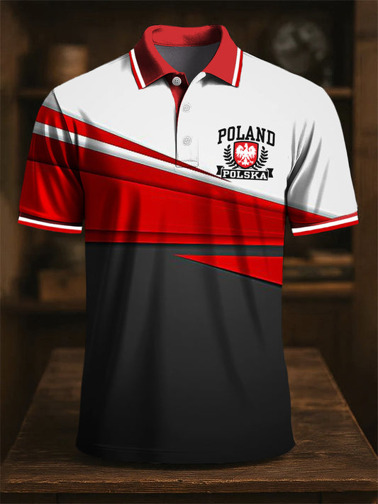 Retro Polski Orł Godło Abstrakcyjny Stripe Art Print Casual Biznesowa Koszulka Polo