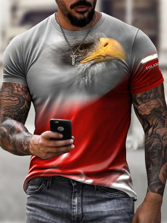 Męska koszulka z abstrakcyjnym logo z orłem, flagą i nadrukiem artystycznym, do noszenia na co dzień