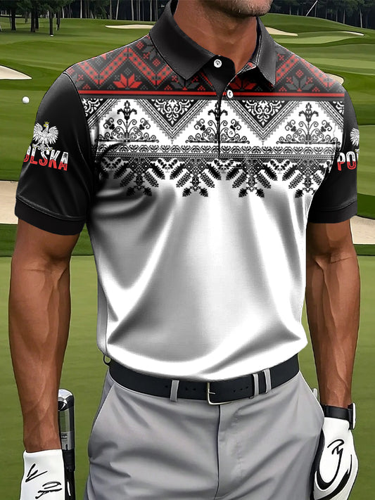 Męska polska koszulka polo w stylu klasycznym w stylu etnicznym z nadrukiem w kwiaty casual Business