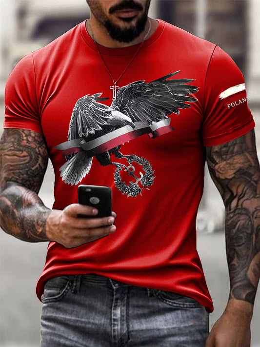 Męski Vintage Polski Orzeł Flaga Patriot Abstrakcyjny Art Print Casual T-Shirt