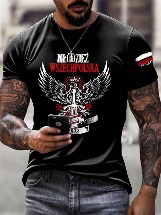 Męski Vintage Polski Biały Orzeł Flaga Godło Art Print Casual T-Shirt