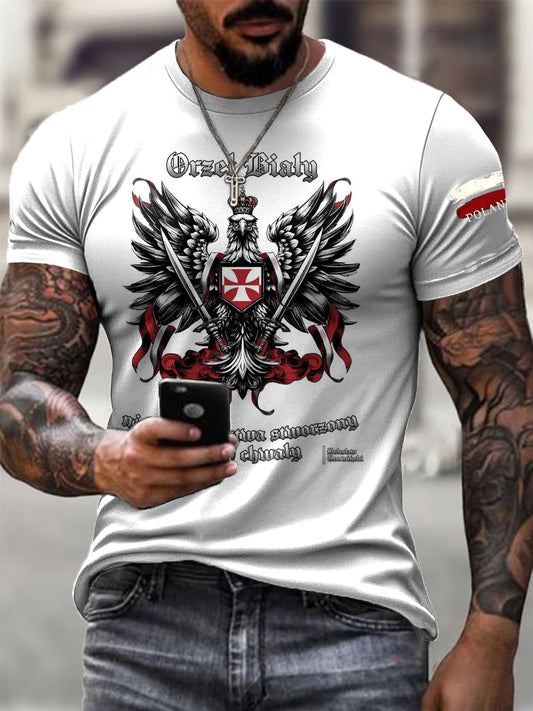 Męski Vintage Polski Orzeł Biały Patriot Art Print Casual T-Shirt