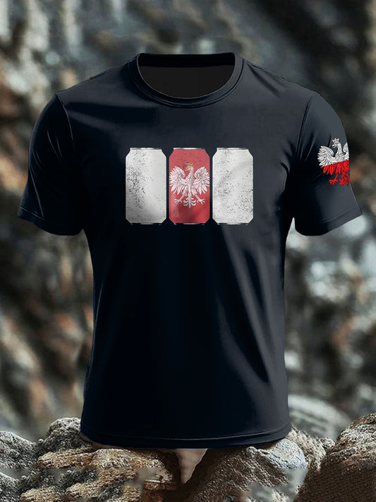 Vintage Polska Flaga Piwo Can Patriot Art Print Casual T-Shirt