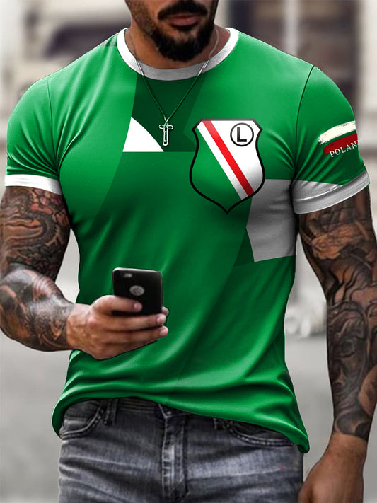 Męski Vintage Polski Warszawa Klub Piłkarski Geometryczny Art Print Casual T-Shirt