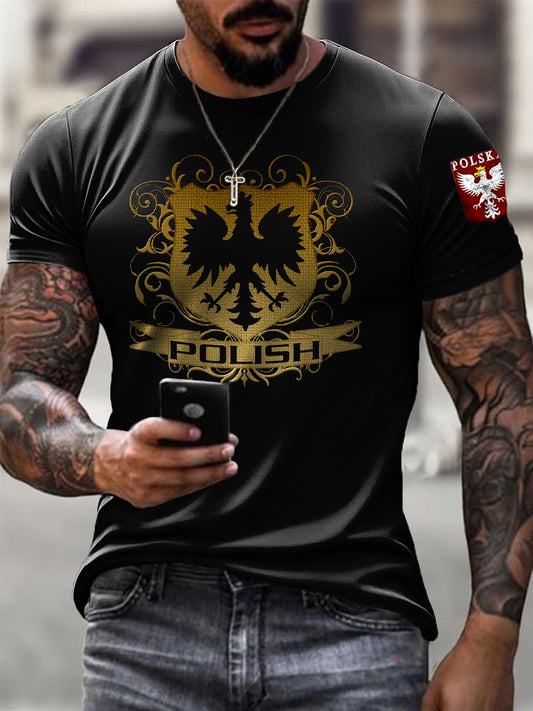 Męska koszulka z nadrukiem artystycznym w stylu vintage z polską flagą godłem