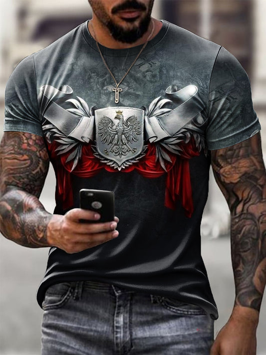 Męskie Retro Polski Orzeł Flaga Patchwork Print Casual T-Shirt