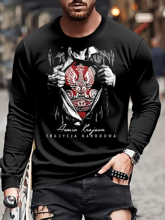 Męska retro polska flaga kawaleria abstrakcyjna sztuka drukowana casualowa koszulka z długim rękawem