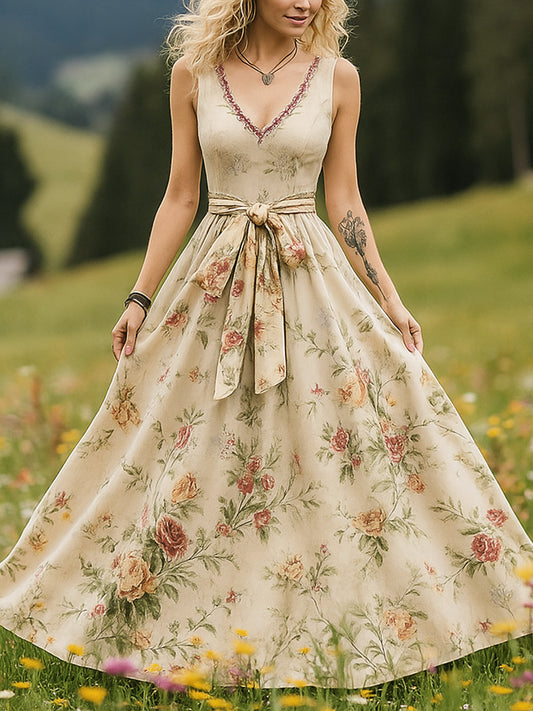 Retro wiejska sztuka kwiatowa z nadrukiem Vintage dekolt w szpic bez rękawów wygodna sukienka maxi
