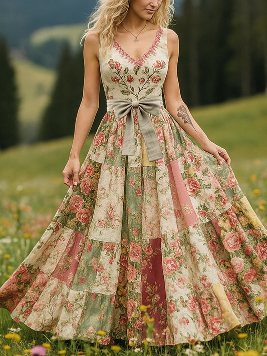 Retro wiejska sztuka kwiatowa z nadrukiem Vintage dekolt w szpic bez rękawów wygodna sukienka maxi