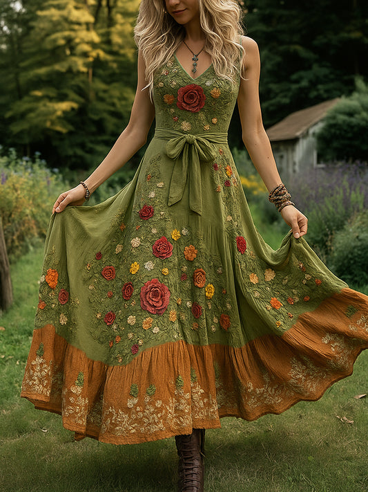 Retro wiejska sztuka kwiatowa z nadrukiem Vintage dekolt w szpic bez rękawów wygodna sukienka maxi