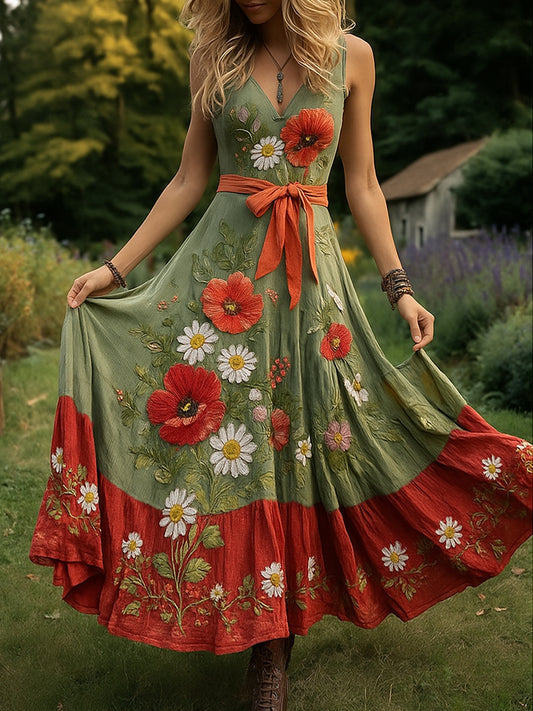 Retro wiejska sztuka kwiatowa z nadrukiem Vintage dekolt w szpic bez rękawów wygodna sukienka maxi