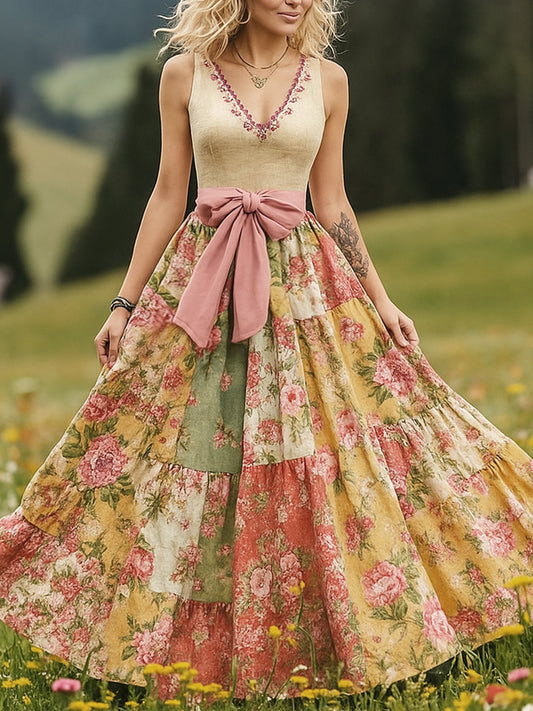 Retro wiejska sztuka kwiatowa z nadrukiem Vintage dekolt w szpic bez rękawów wygodna sukienka maxi