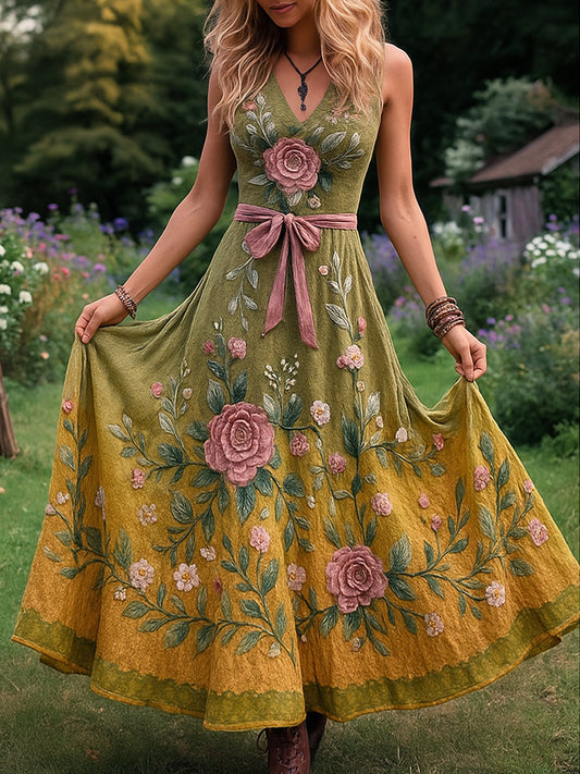 Retro wiejska sztuka kwiatowa z nadrukiem Vintage dekolt w szpic bez rękawów wygodna sukienka maxi