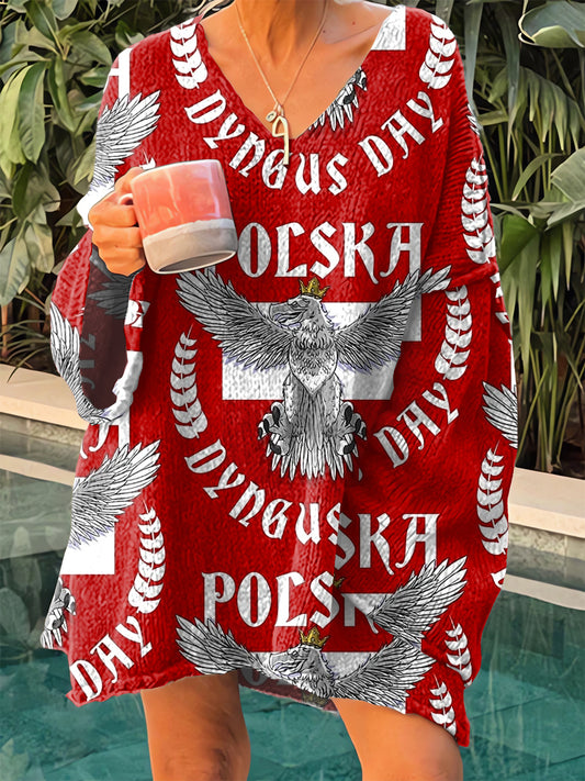 Damski sweter z dekoltem w serek i nadrukiem w stylu vintage