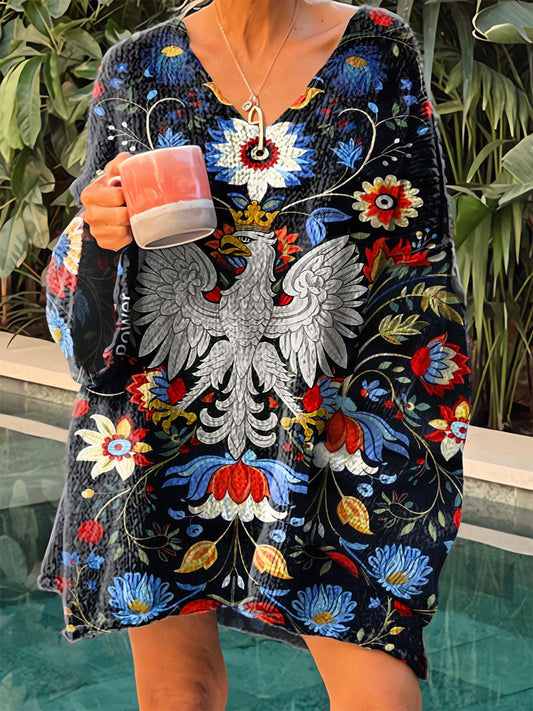 Damski sweter z dekoltem w serek w stylu vintage z etnicznym kwiatowym nadrukiem