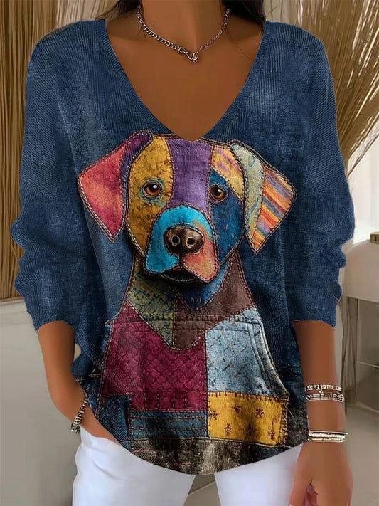 Damski retro zwierzęcy nadruk casualowy top z długim rękawem