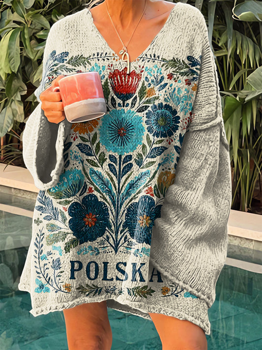 Damski polski sweter z dekoltem w kwiaty