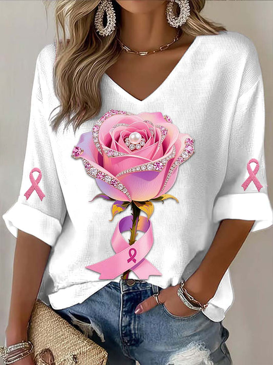 Vintage Rose Pearl Breast Cancer Print Casualowa bawełniana koszulka z długim rękawem