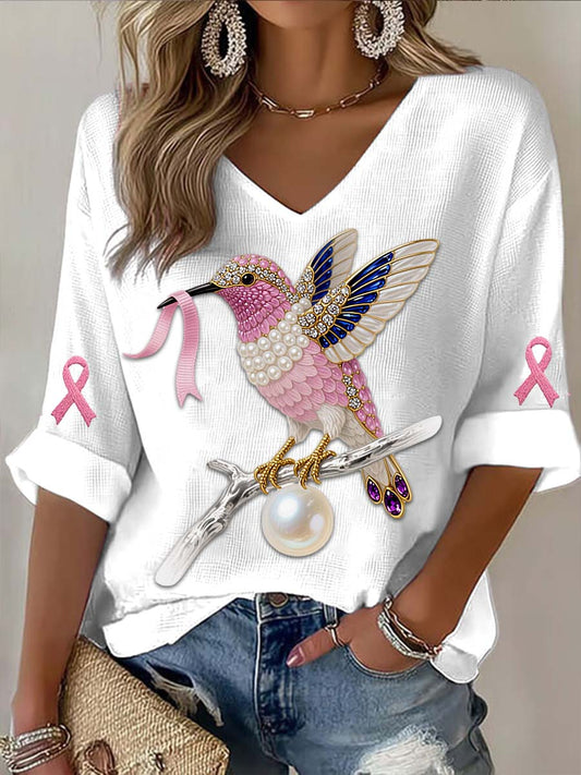 Vintage Vintage Hummingbird Kolorowe Perły Piersi Rak Nadruk Casualowa Bawełna Długi Rękaw T-Shirt