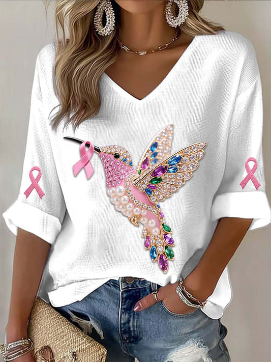 Vintage Vintage Hummingbird Kolorowe Perły Piersi Rak Nadruk Casualowa Bawełna Długi Rękaw T-Shirt