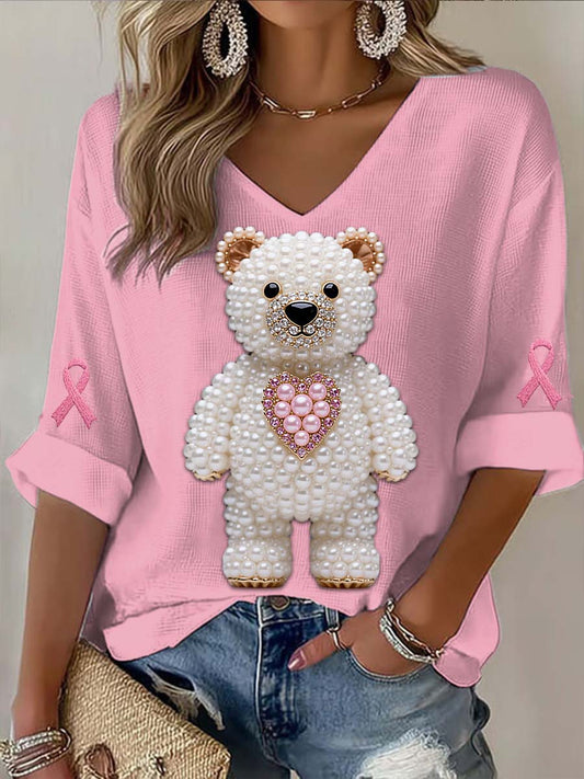Vintage Love Bear Pearl Breast Cancer Print Casualowa bawełniana koszulka z długim rękawem