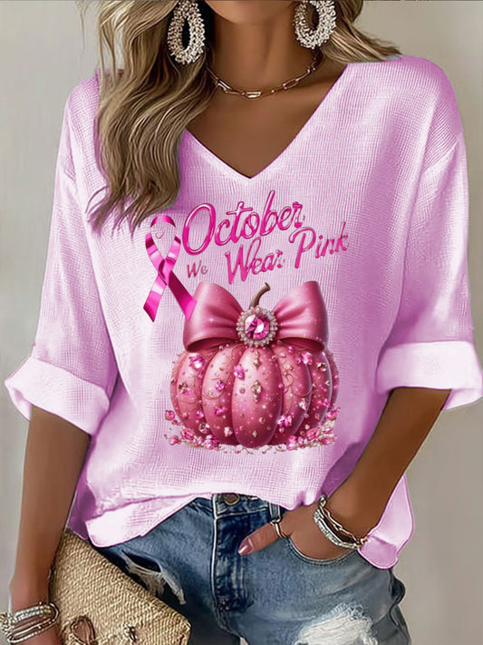 Magiczny wzór dyni Damski dekolt w szpic Casual krótki T-shirt