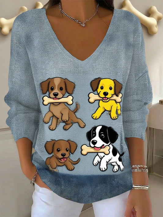 Damski retro zwierzęcy nadruk casualowy top z długim rękawem