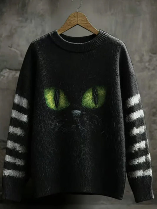 Damski sweter w stylu retro czarny kot z nadrukiem