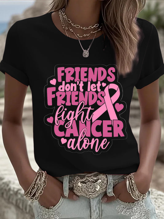 Damski różowy slogan raka piersi casual krótki T-shirt