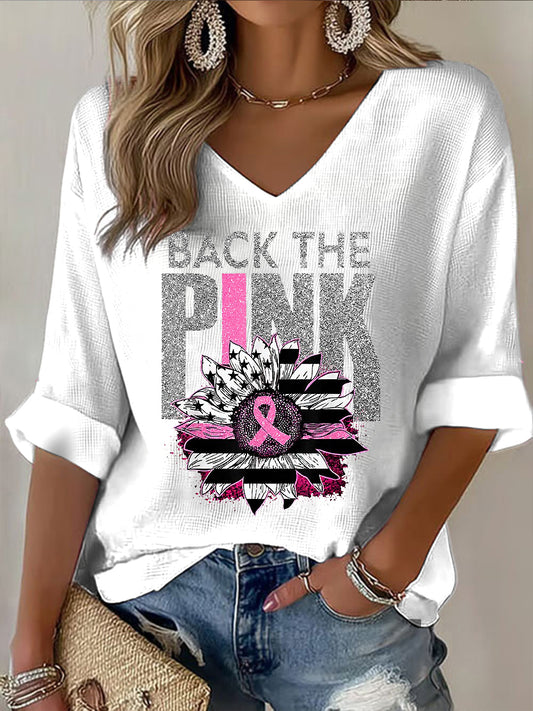 Damska wstążka uświadomienie sobie raka piersi Casual V Neck Top