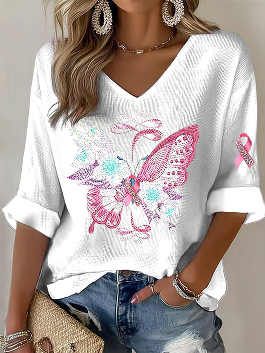Damski różowy motyl Casualowy top z dekoltem w szpic
