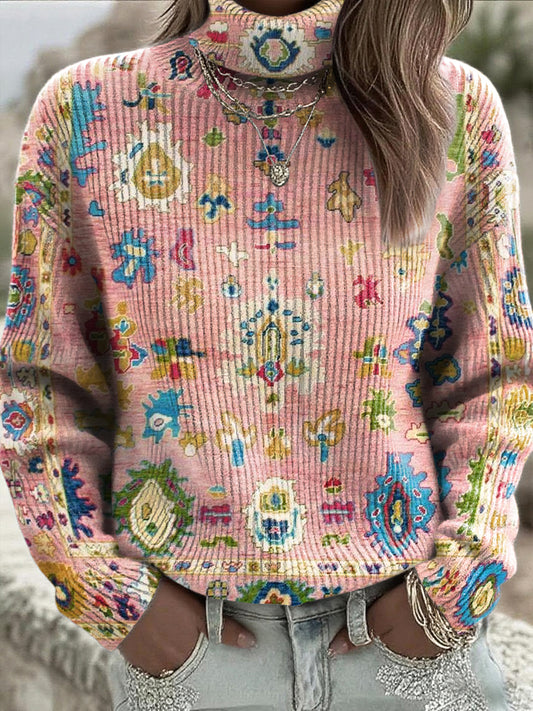Damski vintage etniczny geometryczny kwiatowy sweter z wysokim dekoltem
