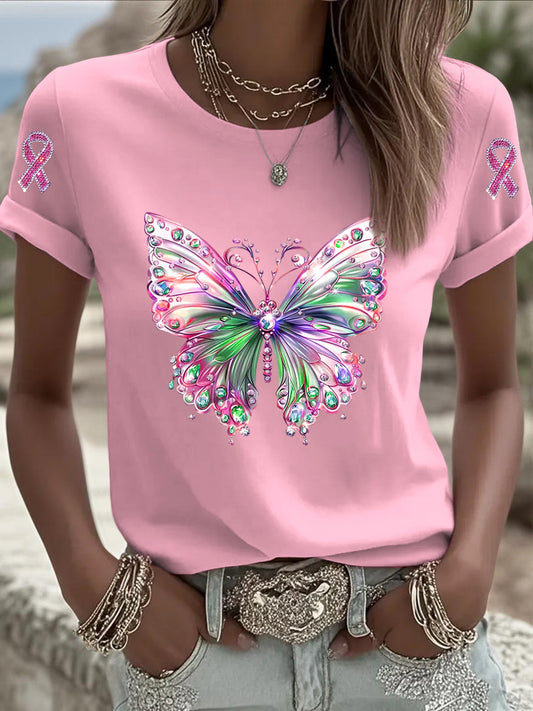 Damski różowy motyl Rhinestone Casual T-Shirt