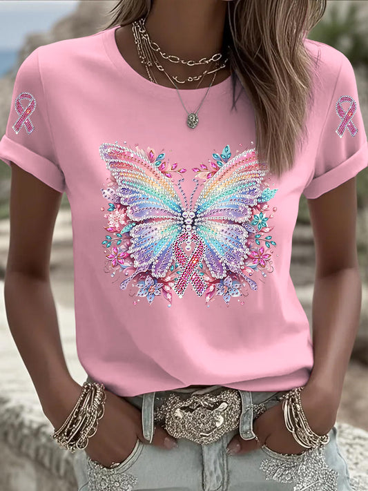 Damski Vintage Różowy Motyl Casual T-Shirt