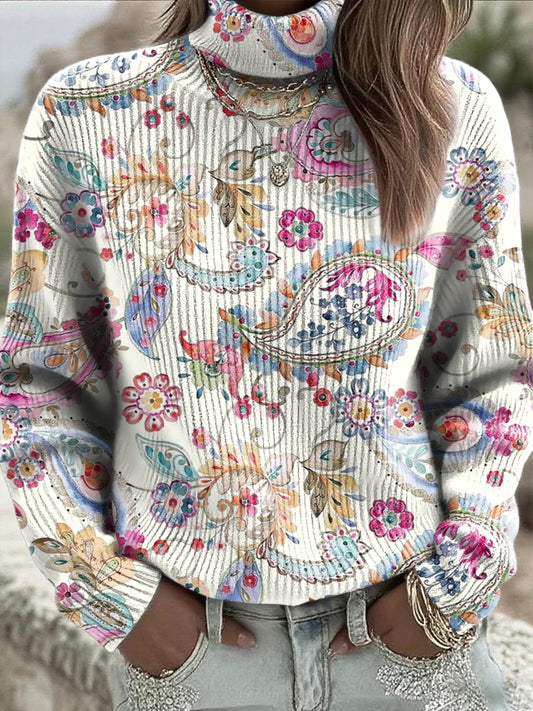 Damski sweter z wysokim dekoltem w kwiaty Paisley w stylu vintage