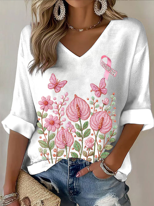 Damska różowa kwiatowa wstążka Casual V Neck Top