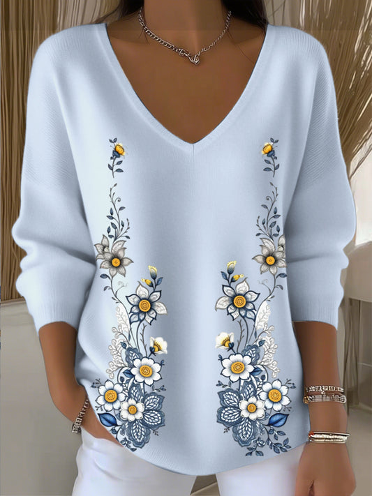 Damski temperament styl kwiatowy retro haft sweter z dekoltem w szpic
