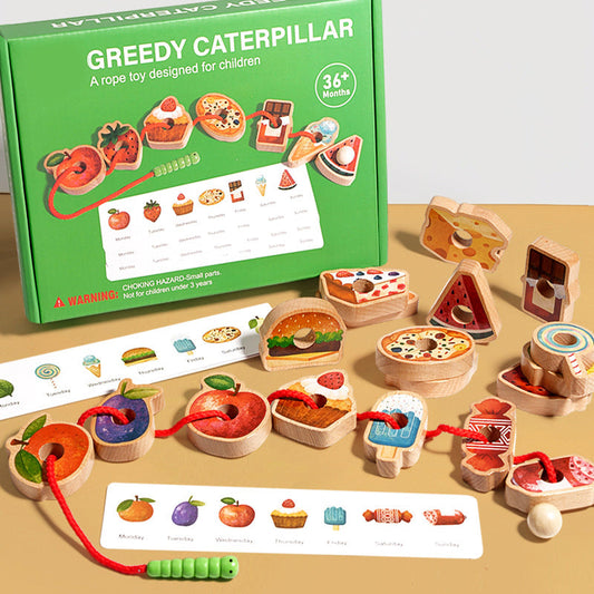 Drewniana zabawka linowa „Głodna gąsienica” (odpowiednia dla dzieci powyżej 3 roku życia)