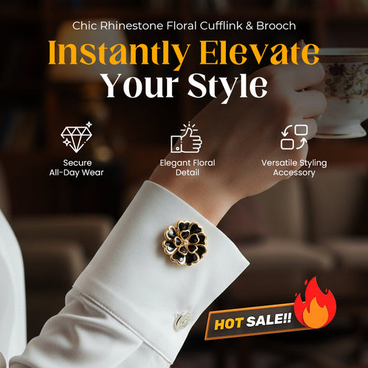 Eleganckie spinki do mankietów i broszka z kryształkami w kwiatowy wzór