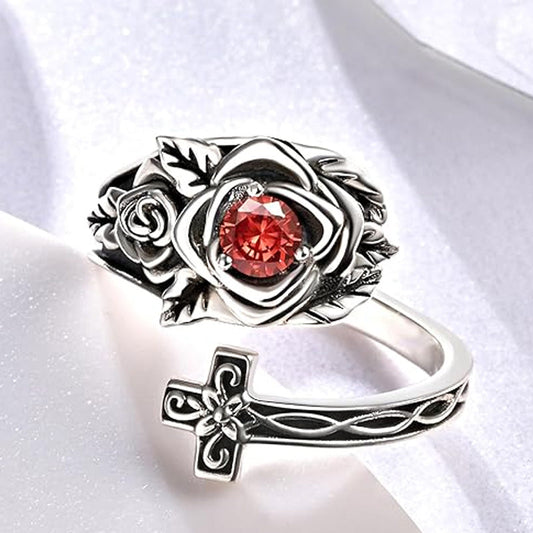 Regulowany pierścionek z krzyżem z różowego srebra próby 925