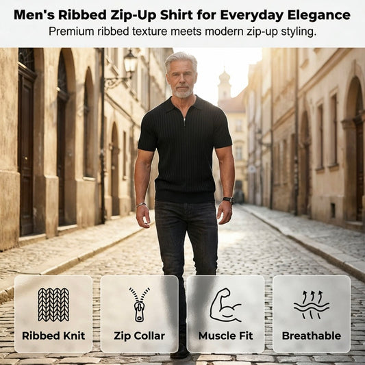 Męska bluza z krótkim rękawem, z prążkowanej dzianiny, zapinana na zamek