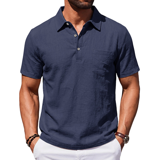 Męska koszula z bawełny i lnu z krótkim rękawem i kołnierzykiem