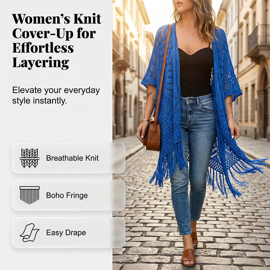 🧶 40% ΕΚΠΤΩΣΗ! 🌴 Γυναικείο πλεκτό καφτάνι με ανοιχτό μπροστινό μέρος και κρόσσια με φούντες ✨
