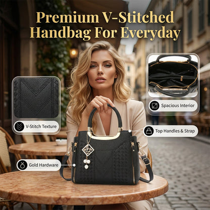 👜50% ΕΚΠΤΩΣΗ! ✨ Γυναικεία τσάντα τύπου satchel με ραφές σε σχήμα V – Χρυσά μεταλλικά στοιχεία, πολλαπλά διαμερίσματα, χερούλι στην κορυφή 🌸