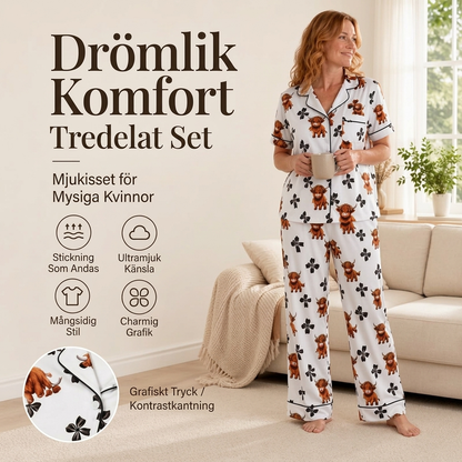 🌼Pyjamasset Dam med Highland Cow-mönster – Mjukt & Mysigt 3-delat Set