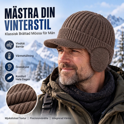 🧢 Vinterstickad mössa för män med skärm och öronlappar