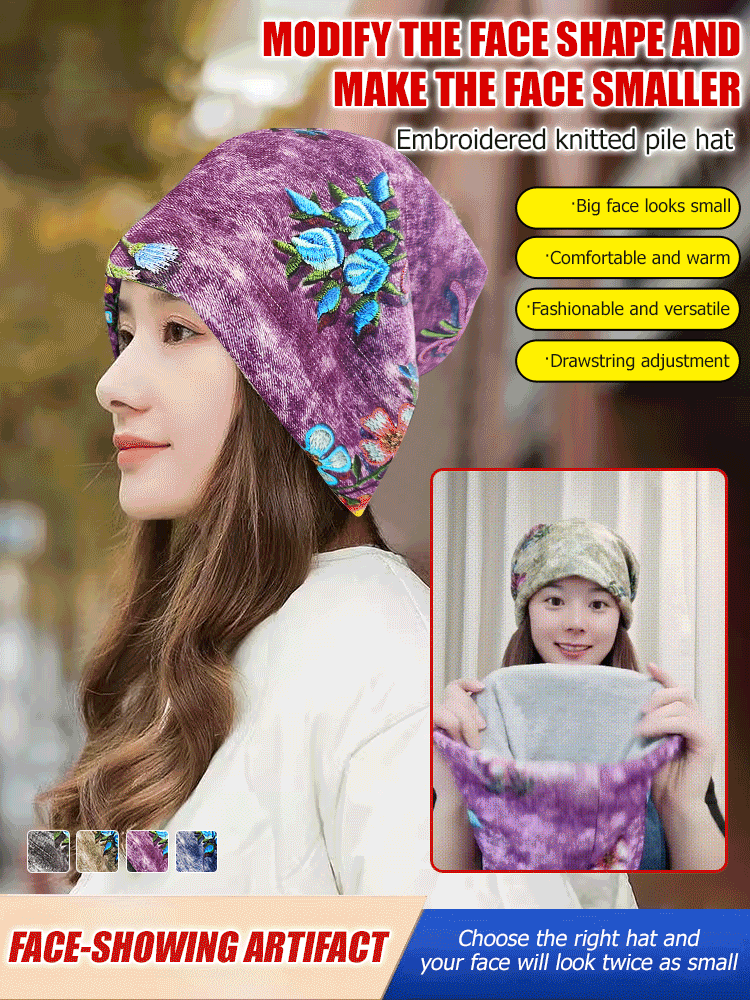 Versatile knitted pile hat with small embroidered flowers that show your face